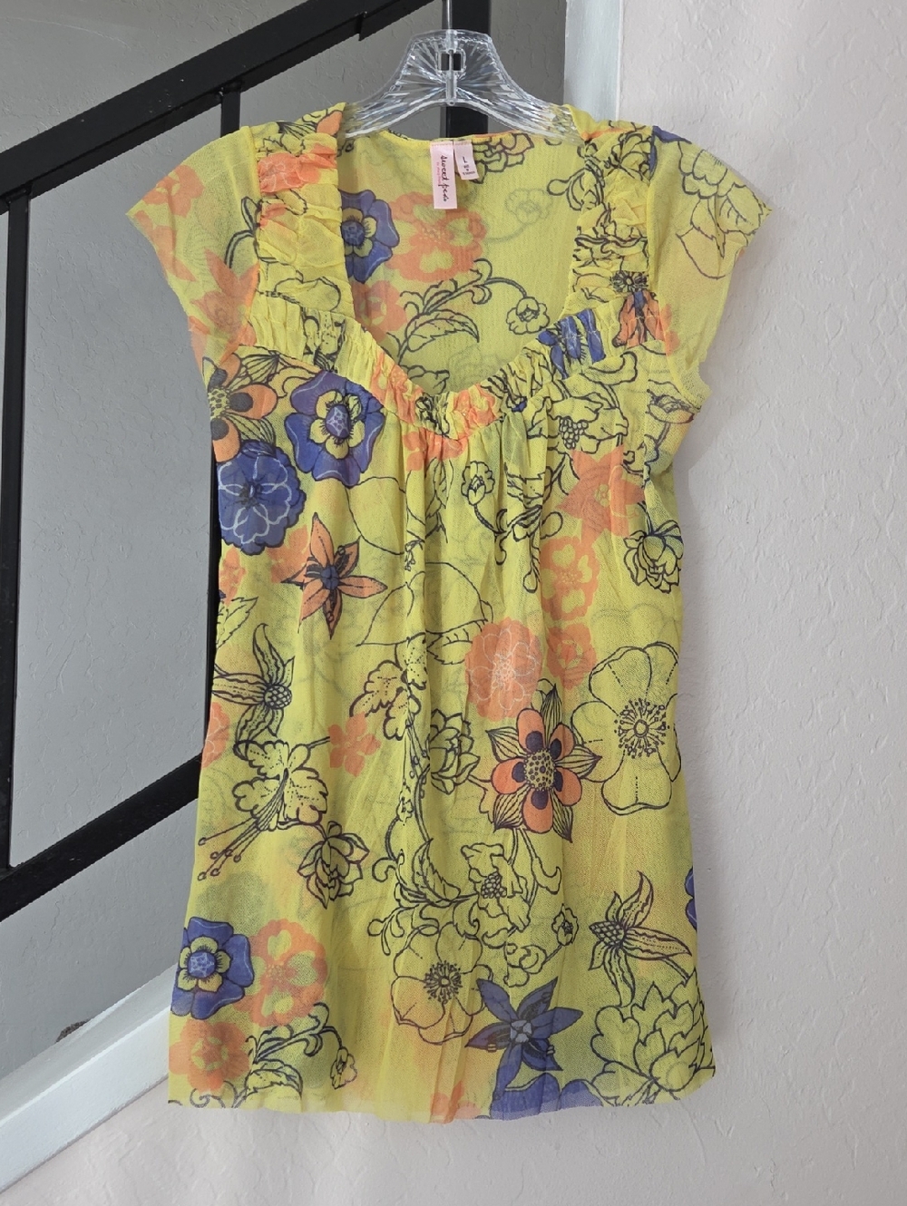 Sweet Pea Yellow Floral Casual Mesh Top with Orange & Blue Accents